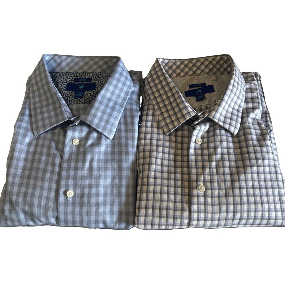 Egara Non Iron Classic Mens 3X Cotton Button Up Plaid Blue Gray Shirt  Set of 2
